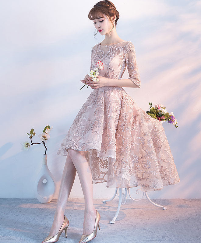 Champagne 1/2 Sleeve High Low Short Prom Dress, Homecoming Dress