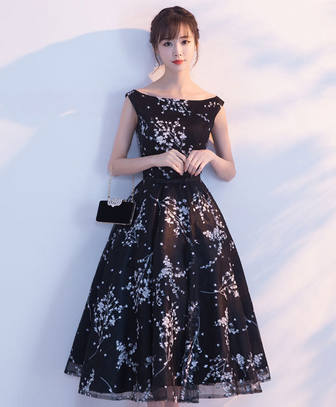 Simple Black Tulle Tea Length Prom Dress, Black Evening Dress