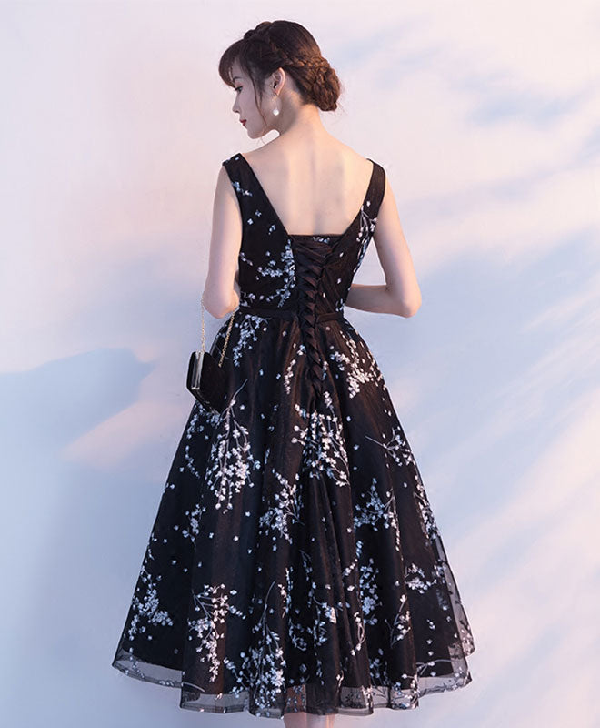 Simple Black Tulle Tea Length Prom Dress, Black Evening Dress