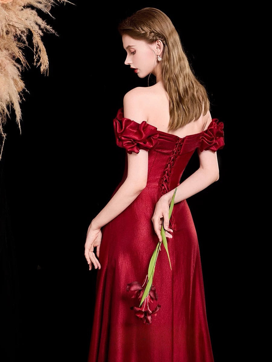 Sweetheart Off Shoulder A-line Burgundy Long Prom Dress
