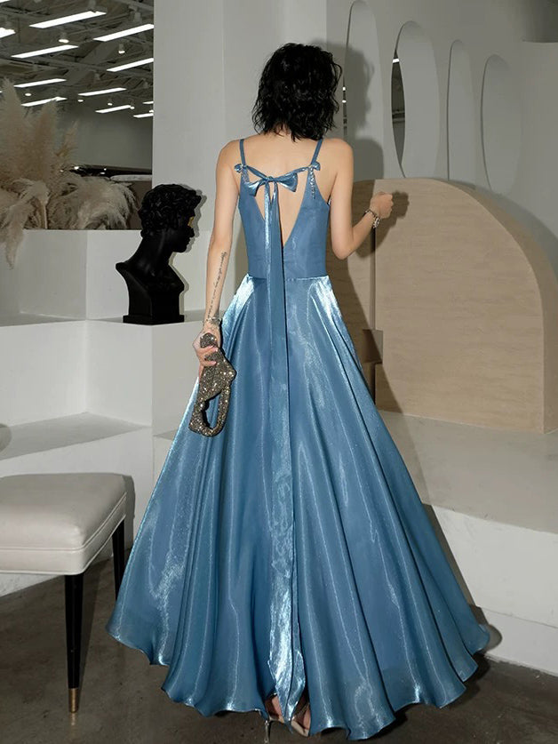 A-Line V Neck Floor Length Backless Blue Prom Dress