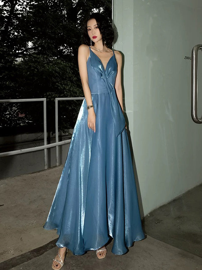A-Line V Neck Floor Length Backless Blue Prom Dress