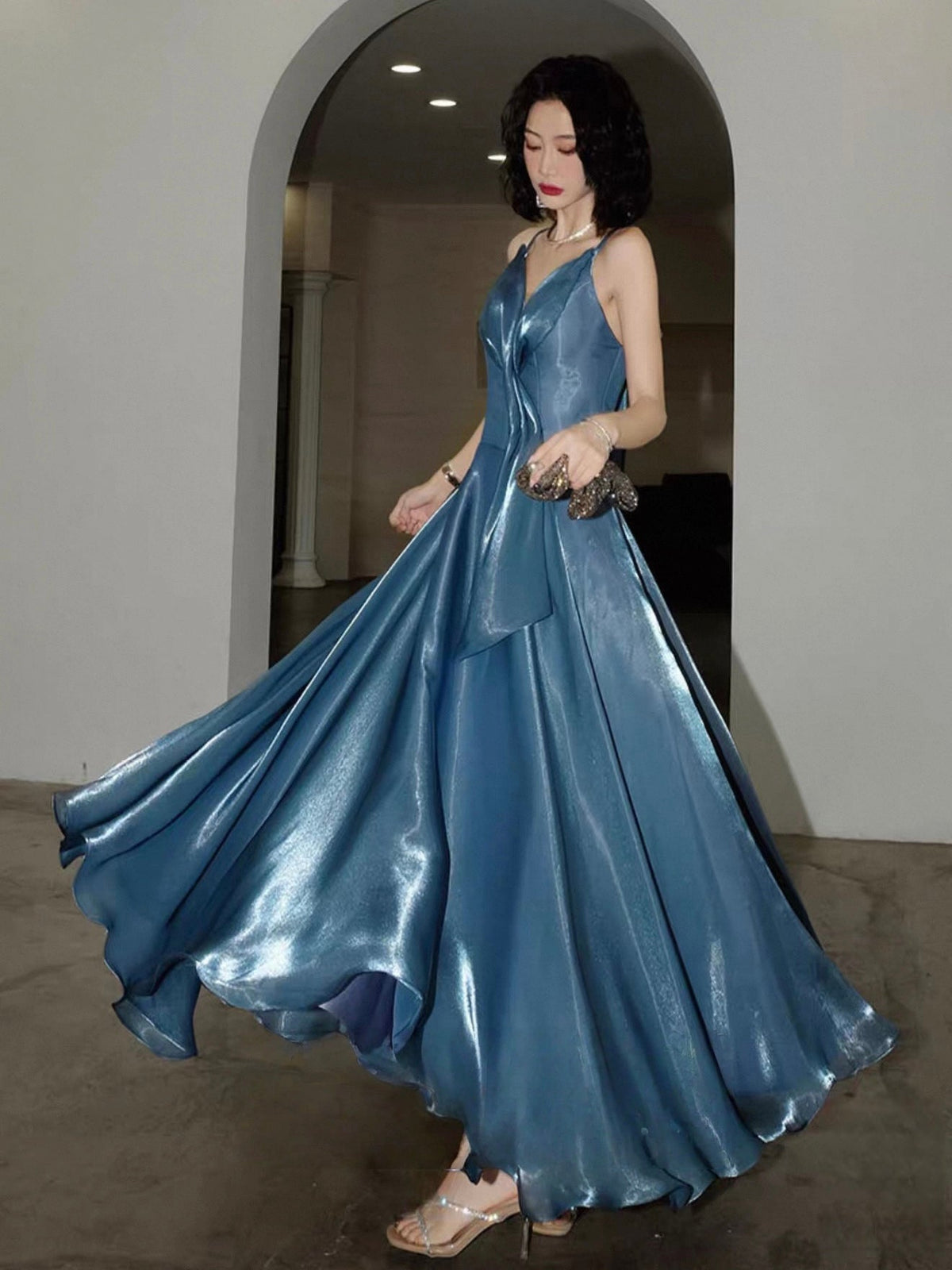 A-Line V Neck Floor Length Backless Blue Prom Dress