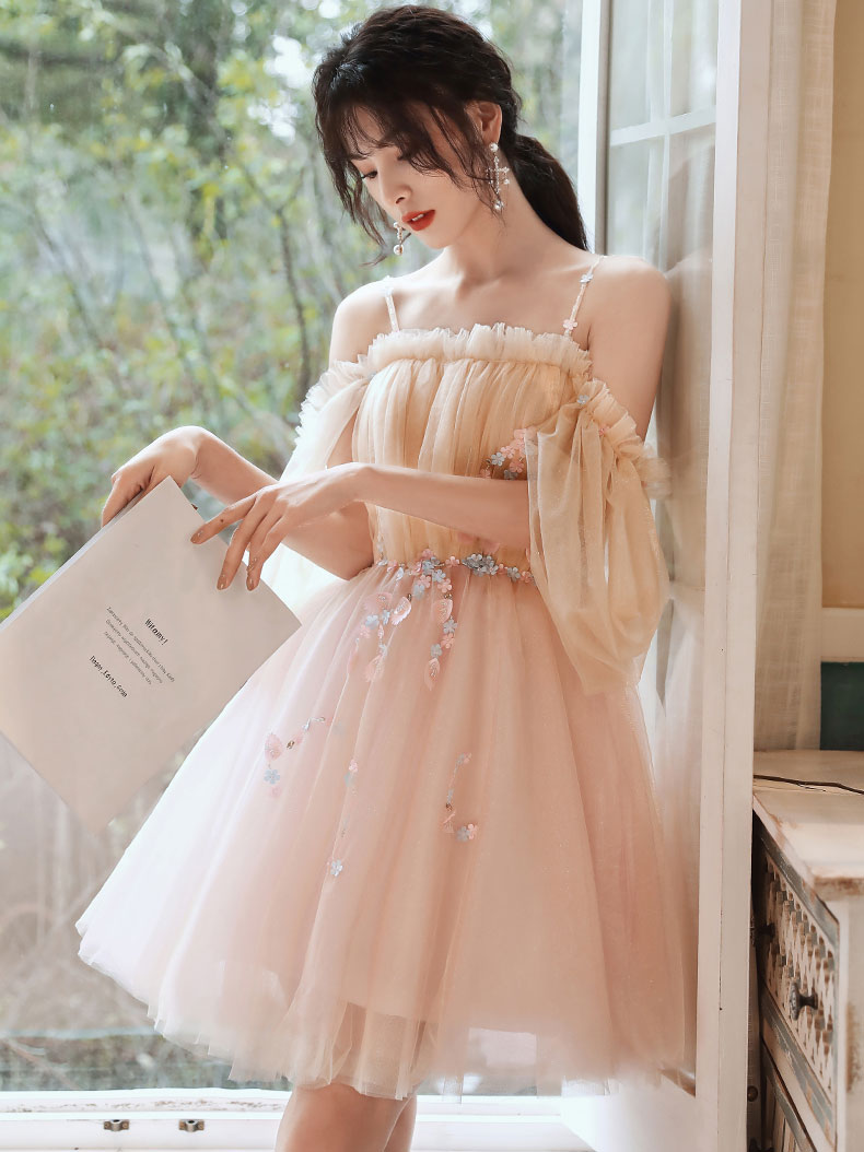 Champagne Tulle Lace Short Prom Dress, Tulle Lace Puffy Homecoming Dress