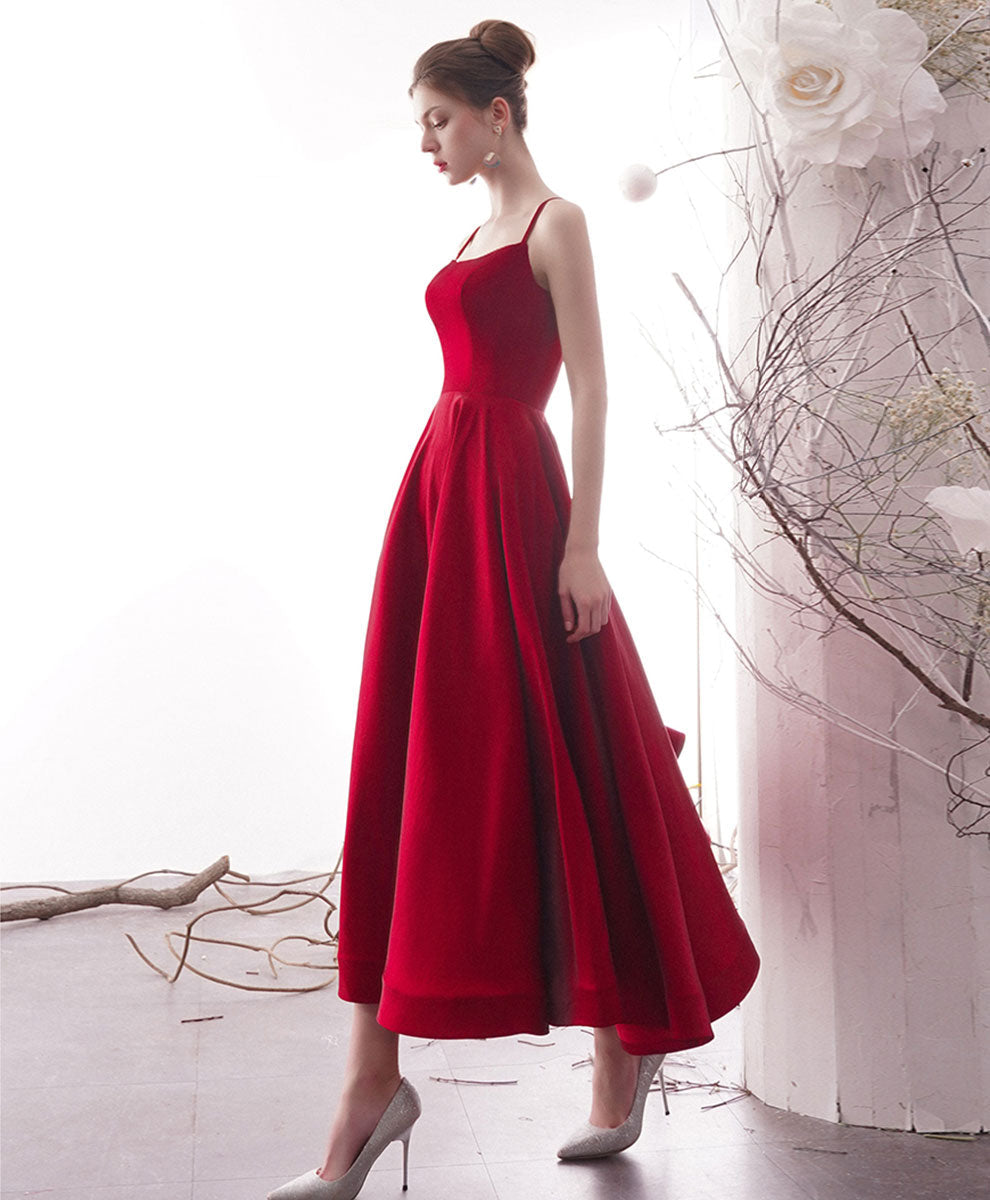 Simple Red Satin Tea Length Prom Dress, Red Homecoming Dresses