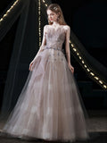 A-Line Tulle Beads Long Prom Dress, Gray Purple Tulle Evening Dress