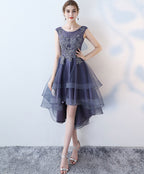 Purple Round Neck lace Tulle High Low Prom Dress, Homecoming Dress
