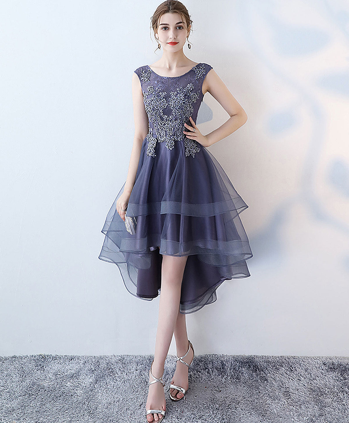 Purple Round Neck lace Tulle High Low Prom Dress, Homecoming Dress