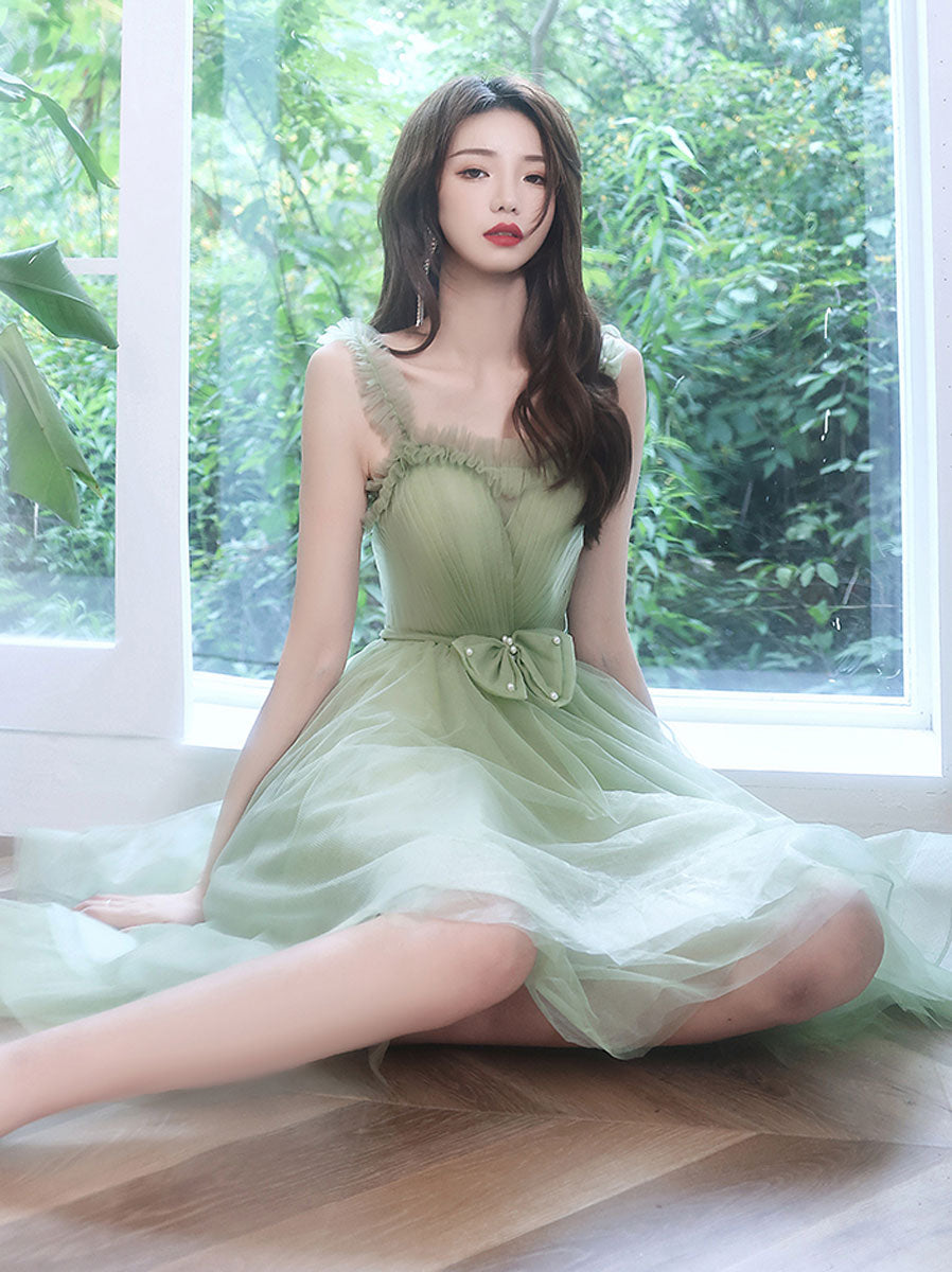 Cute Green Tulle Short Prom Dress, Green Puffy Homecoming Dresses
