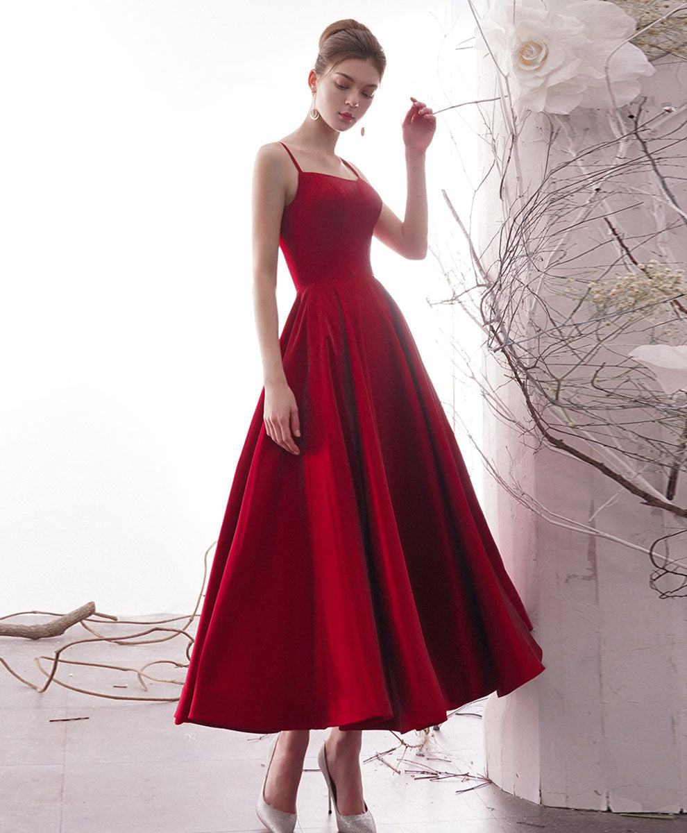 Simple Red Satin Tea Length Prom Dress, Red Homecoming Dresses