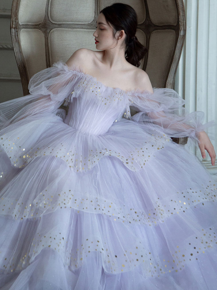 Light Purple Tulle Sequin Long Prom Dress, Purple Evening Dress