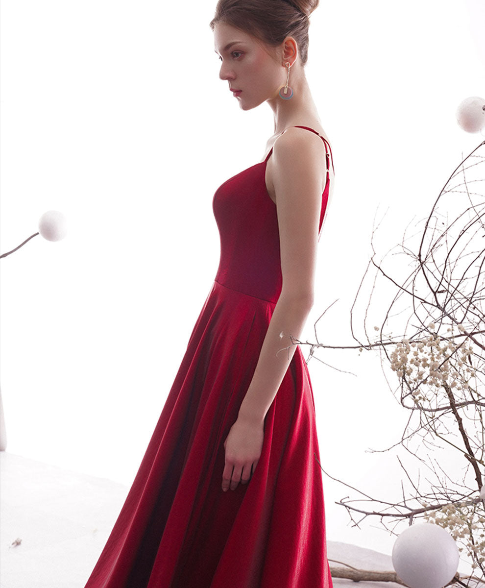 Simple Red Satin Tea Length Prom Dress, Red Homecoming Dresses