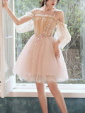 Champagne Tulle Lace Short Prom Dress, Tulle Lace Puffy Homecoming Dress