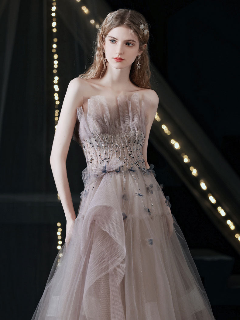 A-Line Tulle Beads Long Prom Dress, Gray Purple Tulle Evening Dress