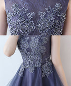 Purple Round Neck lace Tulle High Low Prom Dress, Homecoming Dress
