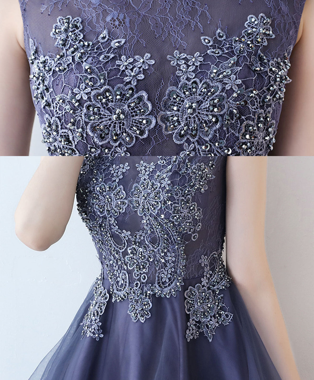 Purple Round Neck lace Tulle High Low Prom Dress, Homecoming Dress