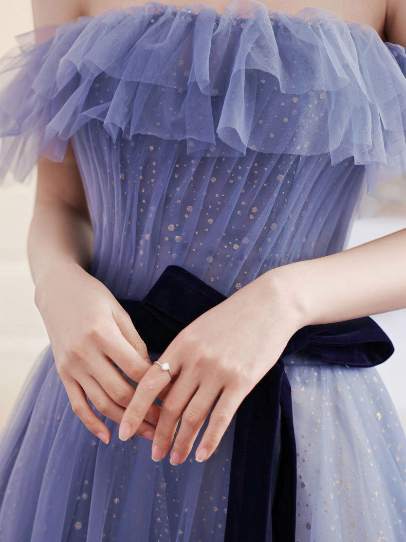 Purple A line Tulle Long Prom Dresses, Off Shoulder Formal Gown Graduation Dresses