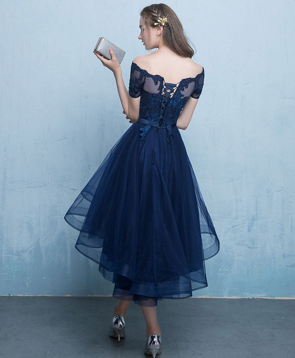Dark Blue Lace Tulle Short Prom Dress, High Low Evening Dress