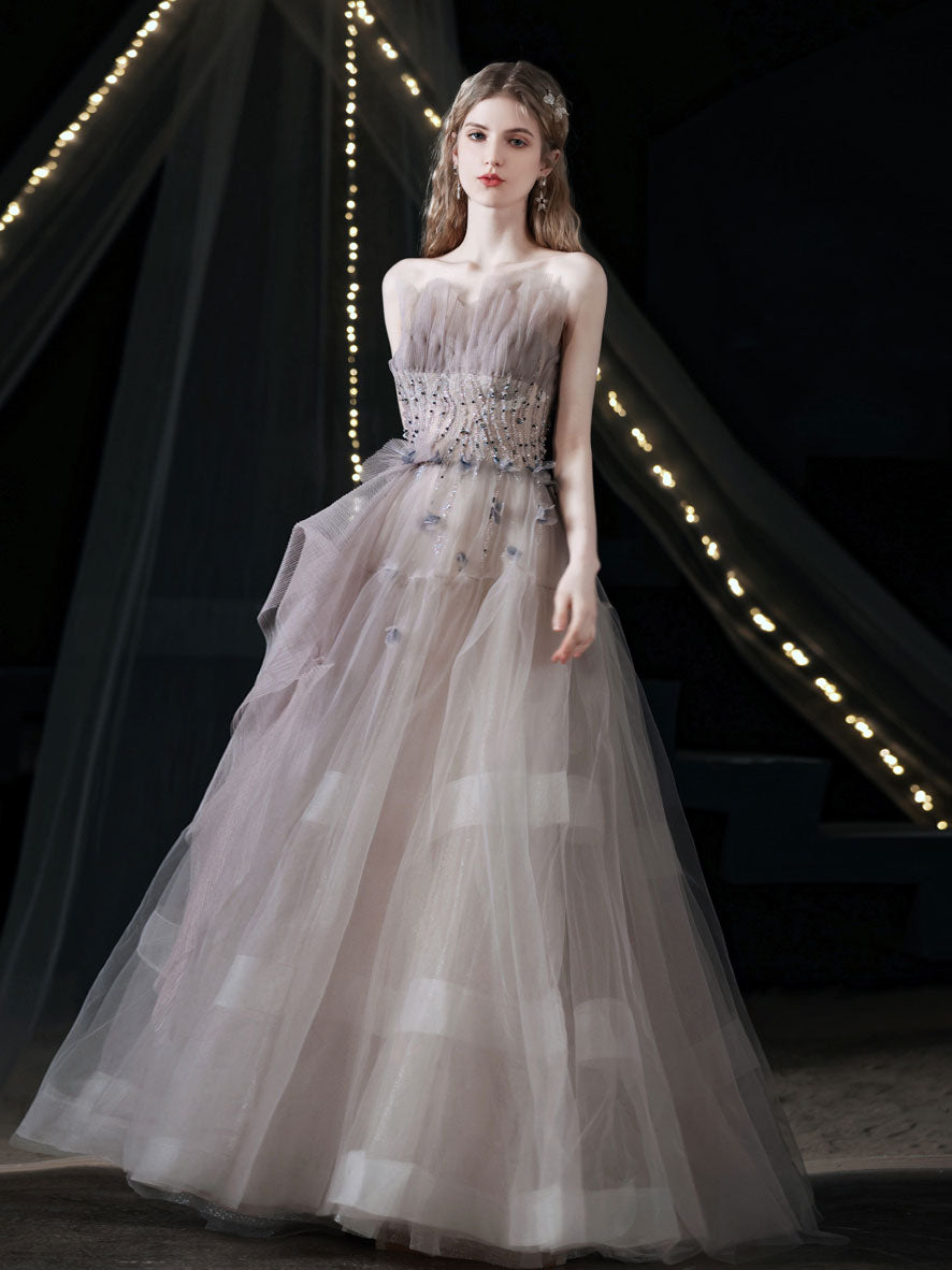 A-Line Tulle Beads Long Prom Dress, Gray Purple Tulle Evening Dress