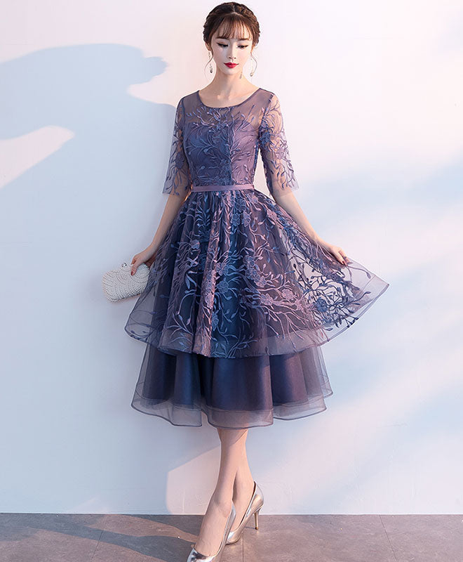 Purple Tulle Lace Short Prom Dresses, Scoop Neck Lace Purple Homecoming Dresses