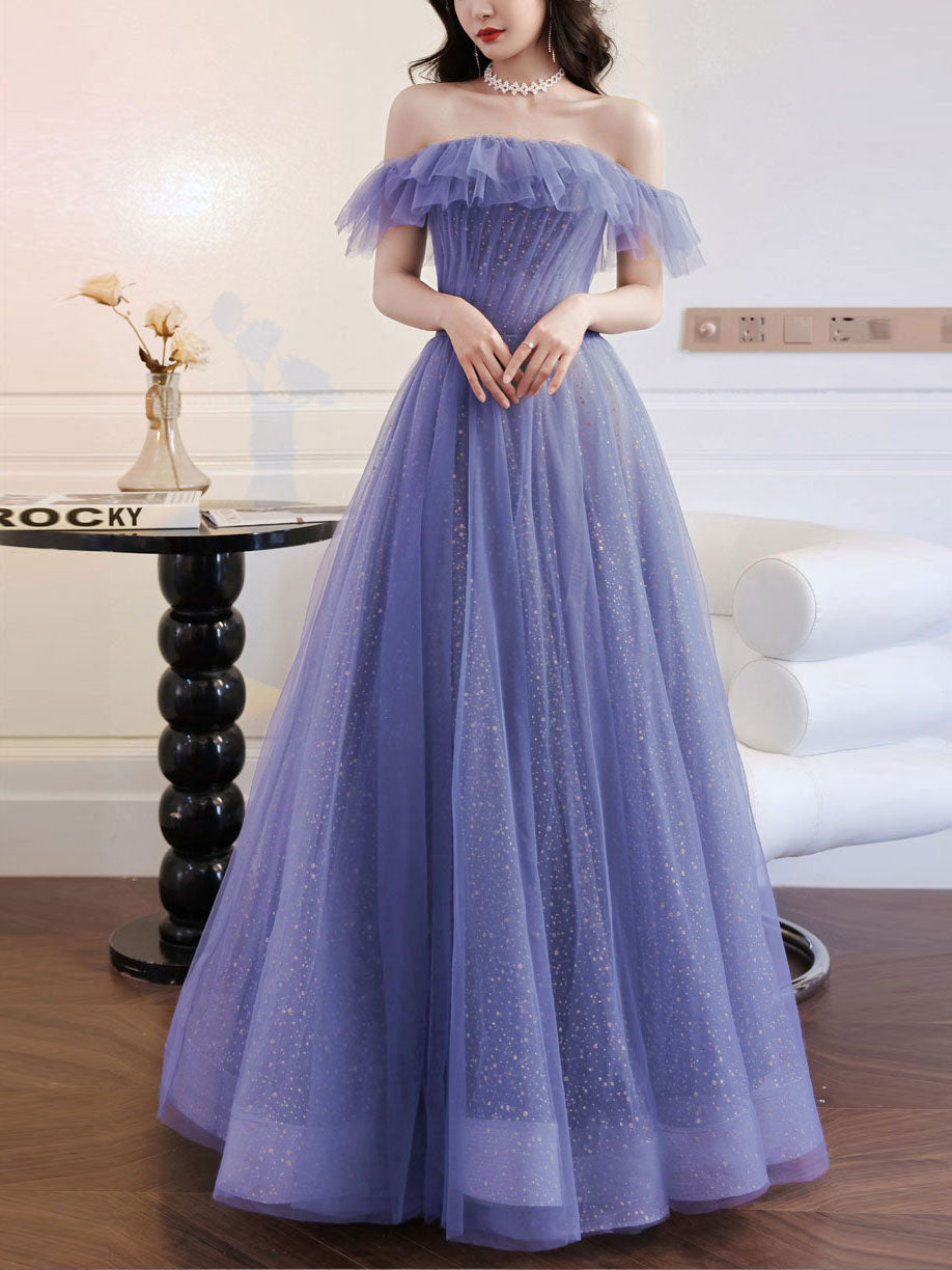Purple A line Tulle Long Prom Dresses, Off Shoulder Formal Gown Graduation Dresses
