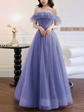 Purple A line Tulle Long Prom Dresses, Off Shoulder Formal Gown Graduation Dresses