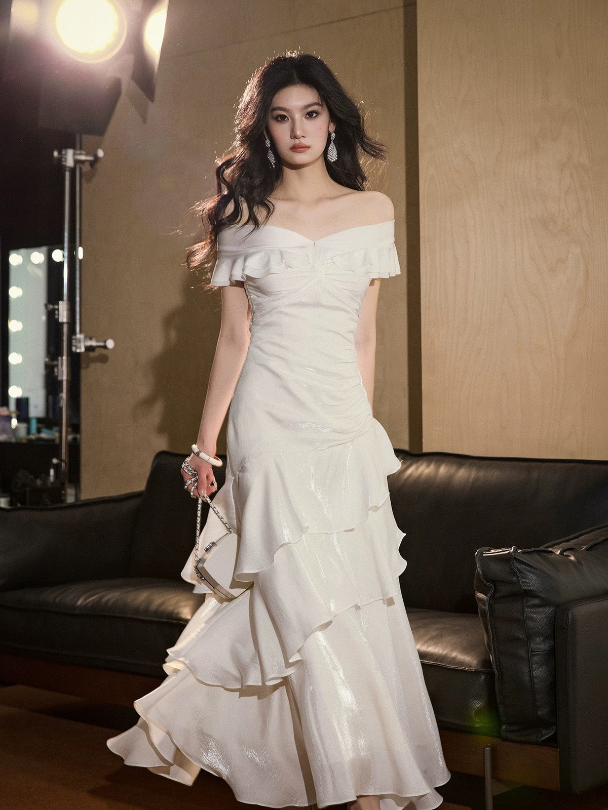 Mermaid Off Shoulder Silk Floor Length White Prom Dress