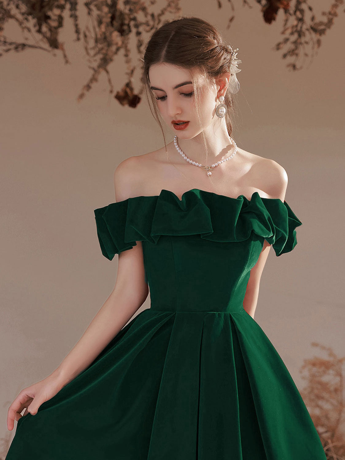 A-Line Off Shoulder Velvet Green Long Prom Dress, Green Formal Evening Dress
