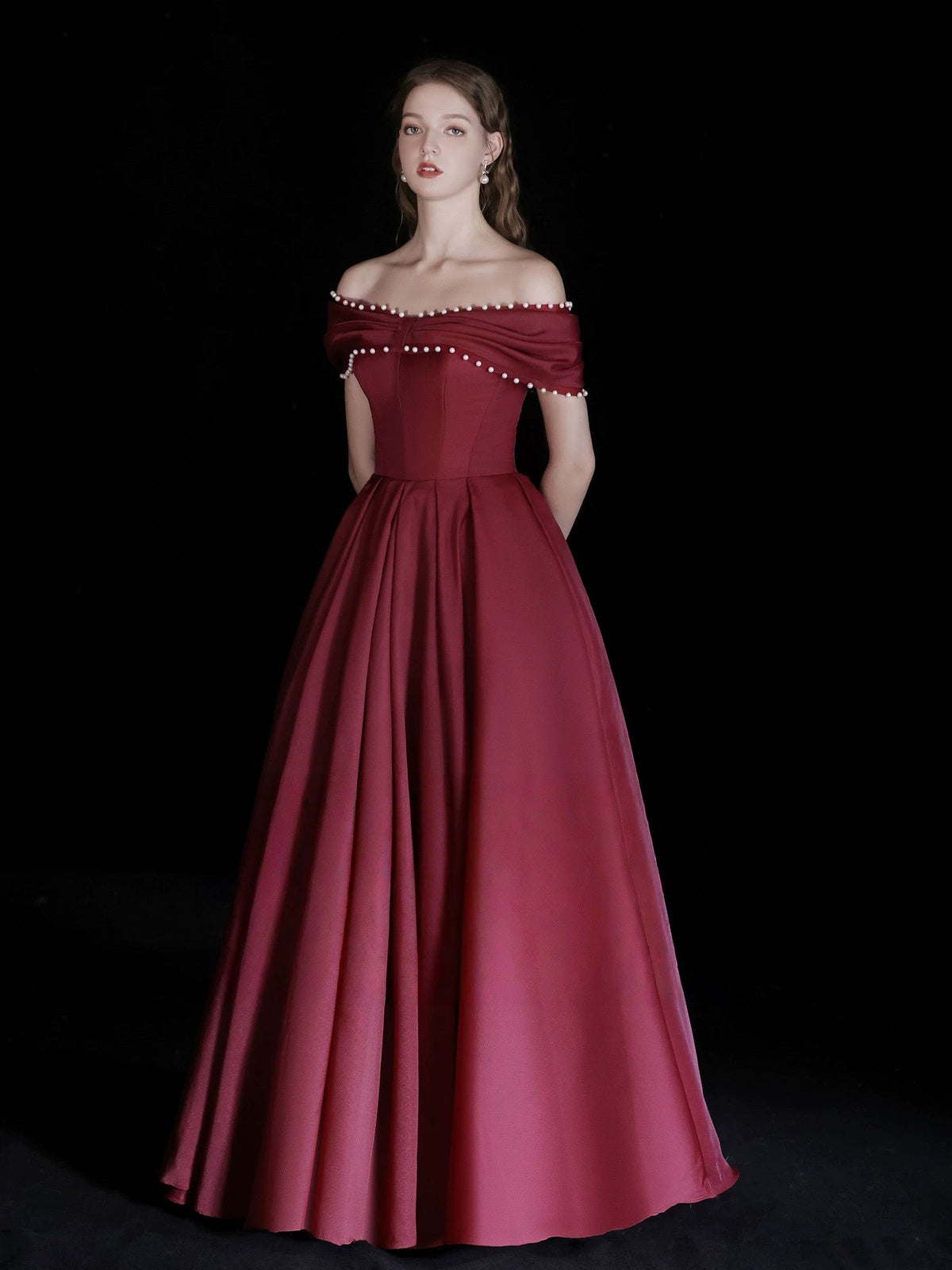 A-Line Off Shoulder Floor Length Burgundy Long Prom Dress with Beads