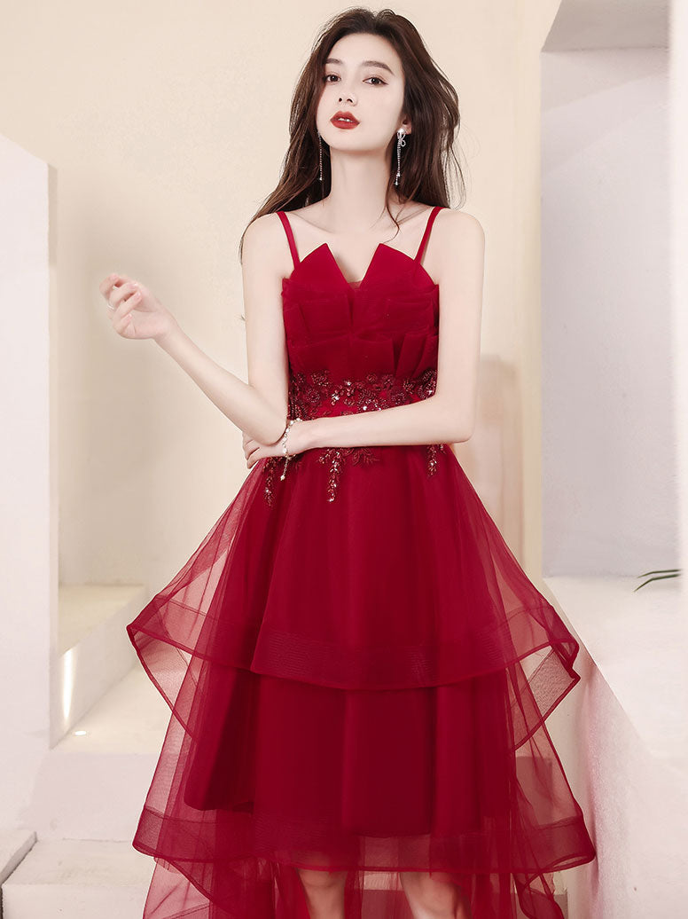 Tulle High Low Burgundy Prom Dress, Burgundy Homecoming Dress