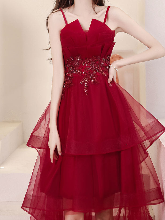 Tulle High Low Burgundy Prom Dress, Burgundy Homecoming Dress
