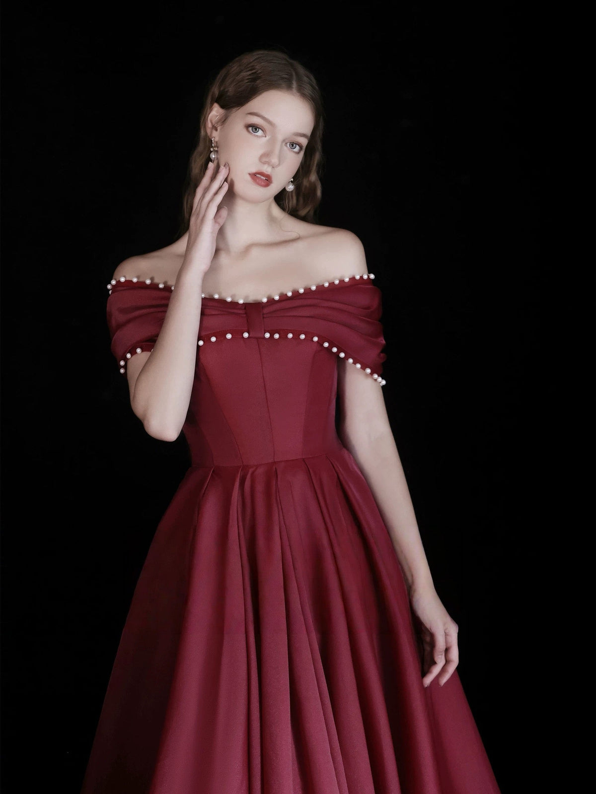 A-Line Off Shoulder Floor Length Burgundy Long Prom Dress with Beads