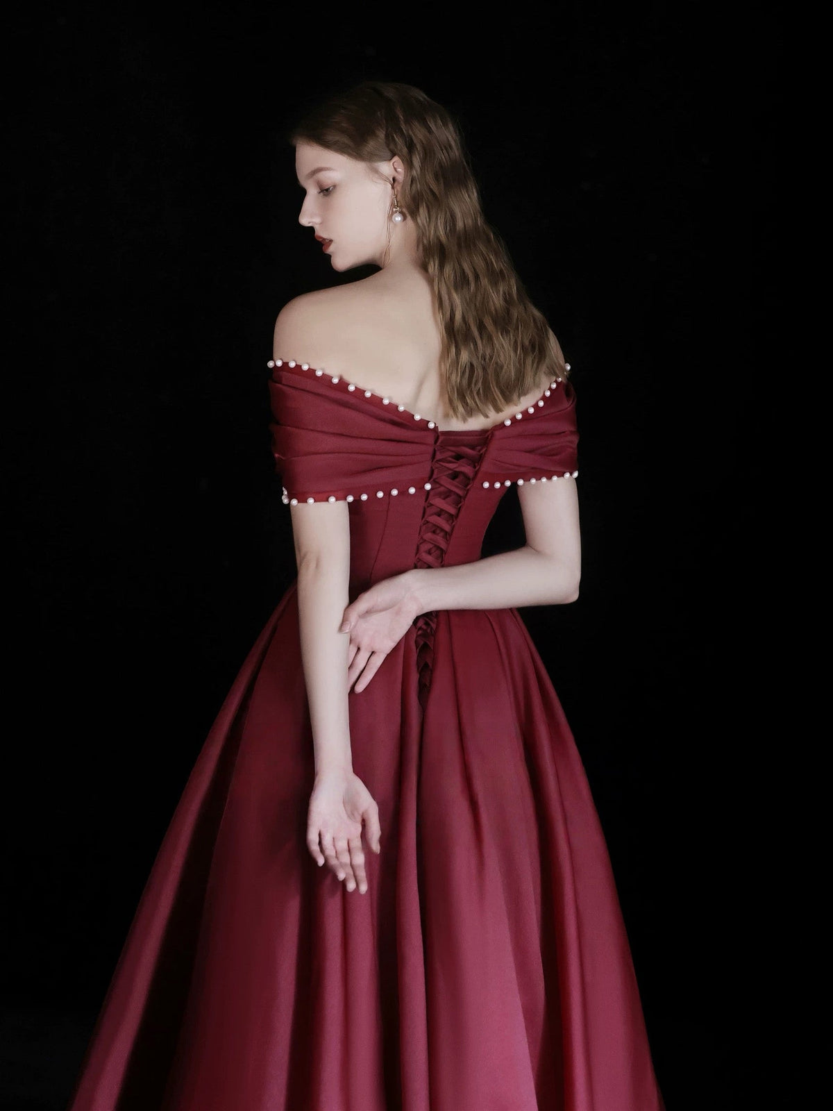 A-Line Off Shoulder Floor Length Burgundy Long Prom Dress with Beads