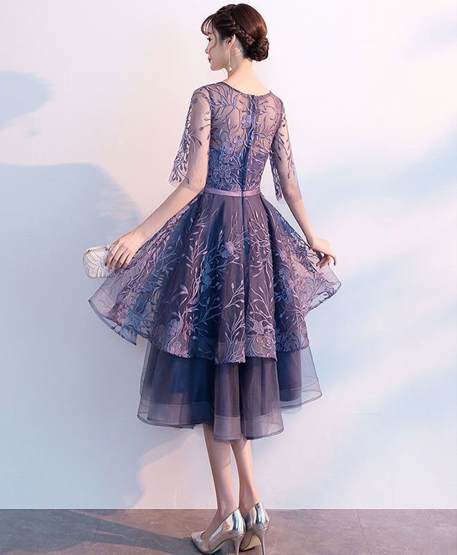 Purple Tulle Lace Short Prom Dresses, Scoop Neck Lace Purple Homecoming Dresses