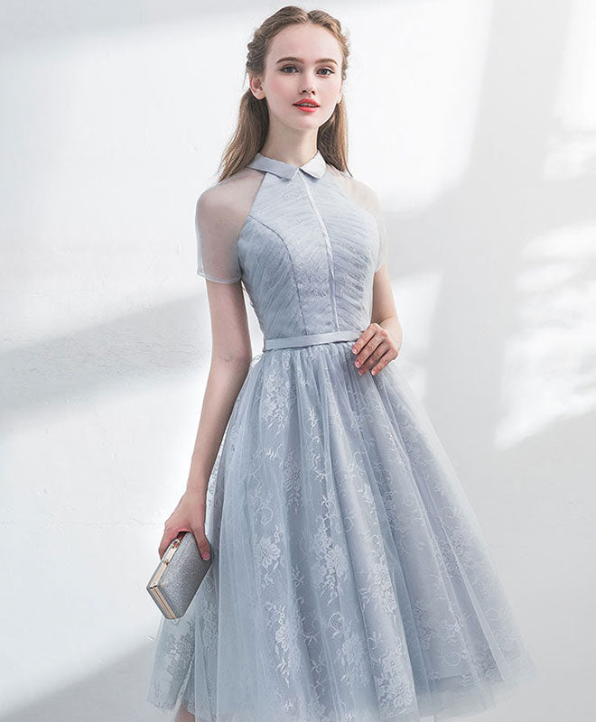 A-Line Gray Tulle Lace Short Prom Dress, Gray Homecoming Dress