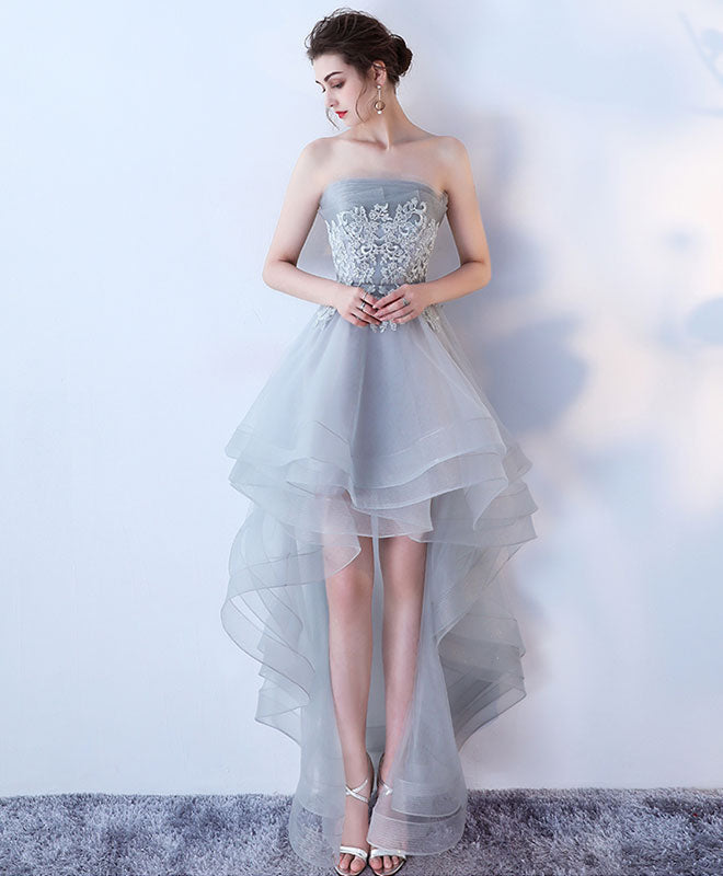Gray Tulle Lace High Low Prom Dress, Cute Homecoming Dress
