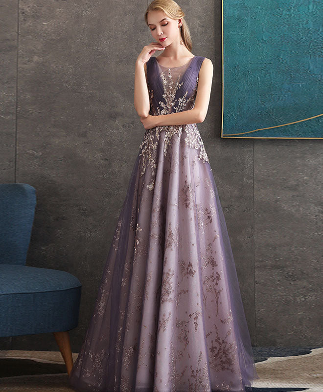Purple Round Neck Tulle Lace Long Prom Dress Purple Evening Dress