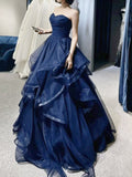 A-Line Sweetheart Neck Tulle Long Prom Dress, Dark Blue Long Formal Dress
