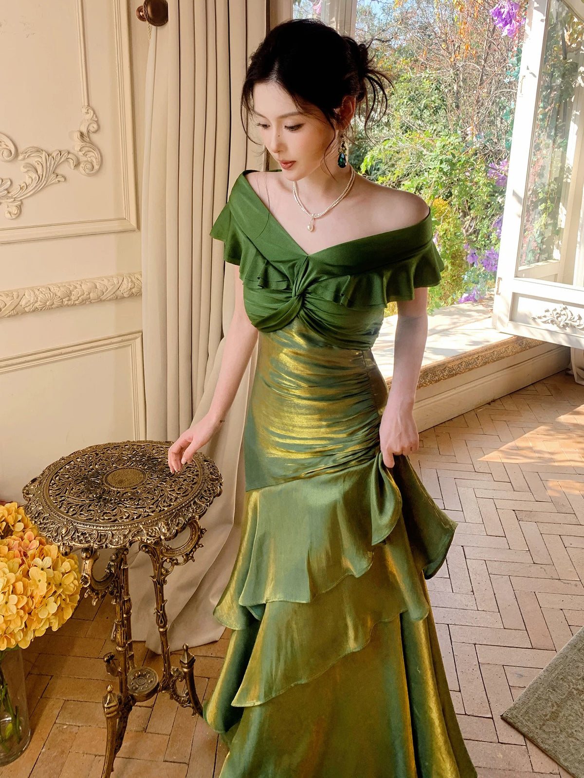 Mermaid Off Shoulder Silk Floor Length Green Prom Dress
