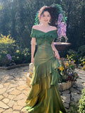 Mermaid Off Shoulder Silk Floor Length Green Prom Dress