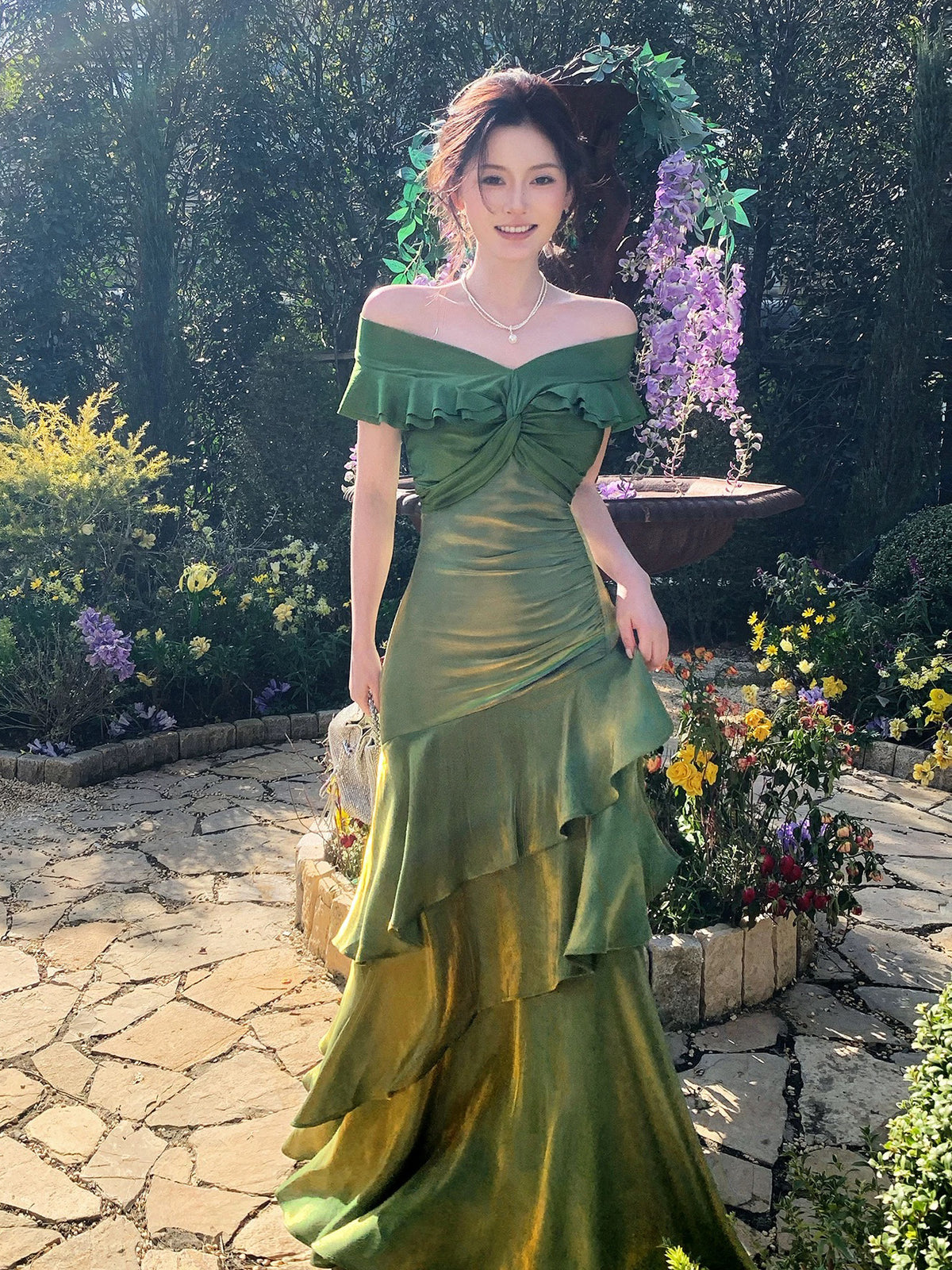 Mermaid Off Shoulder Silk Floor Length Green Prom Dress