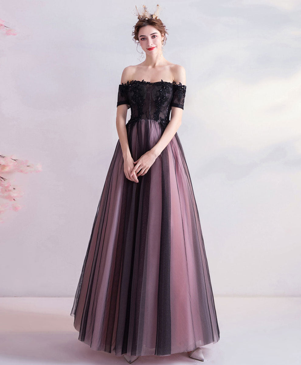 Purple Tulle Lace Off Shoulder Long Prom Dress, Purple Evening Dress