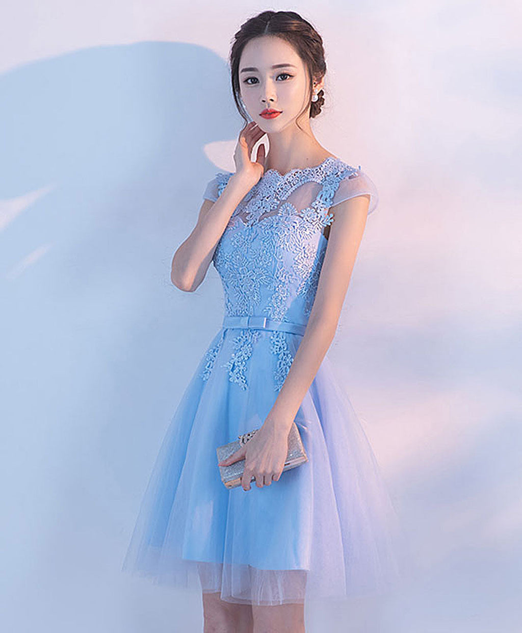 Light Blue A Line Tulle Lace Short Prom Dress, Homecoming Dress