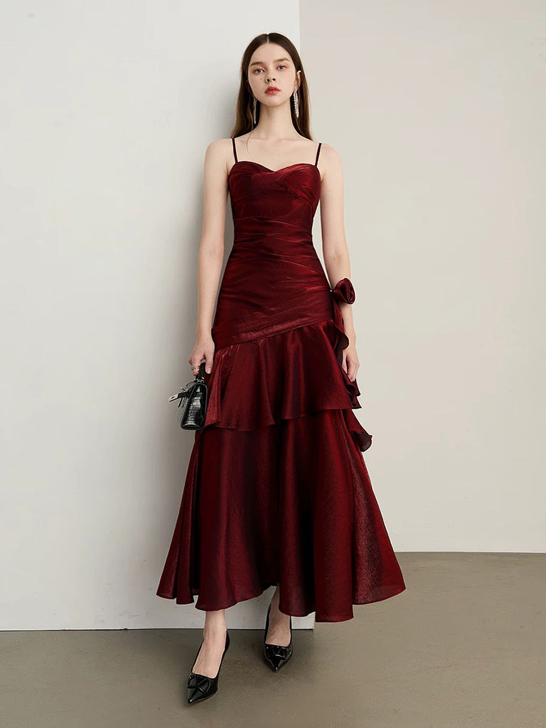 A-Line Sweetheart Neck Satin Tea Length Burgundy Party Dress