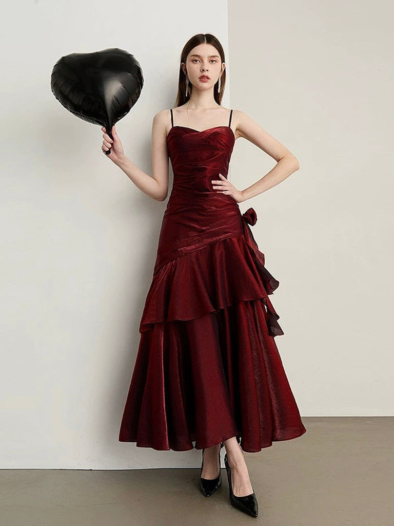 A-Line Sweetheart Neck Satin Tea Length Burgundy Party Dress