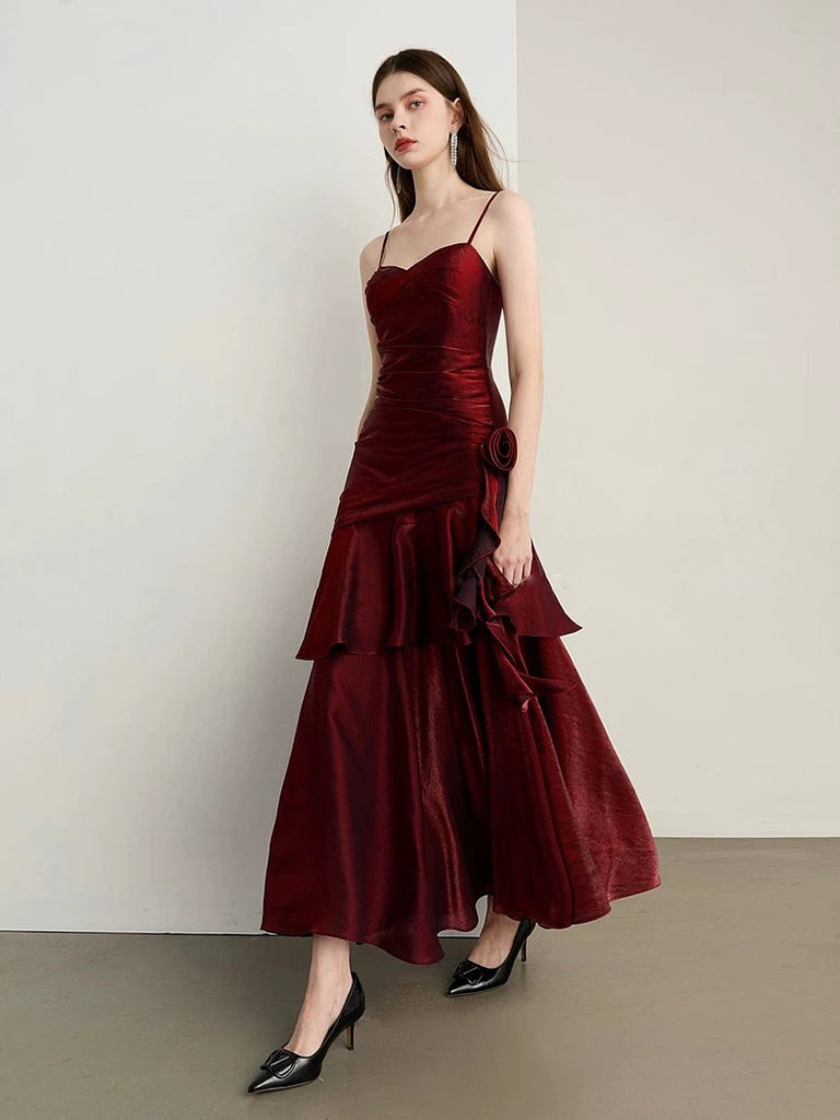 A-Line Sweetheart Neck Satin Tea Length Burgundy Party Dress