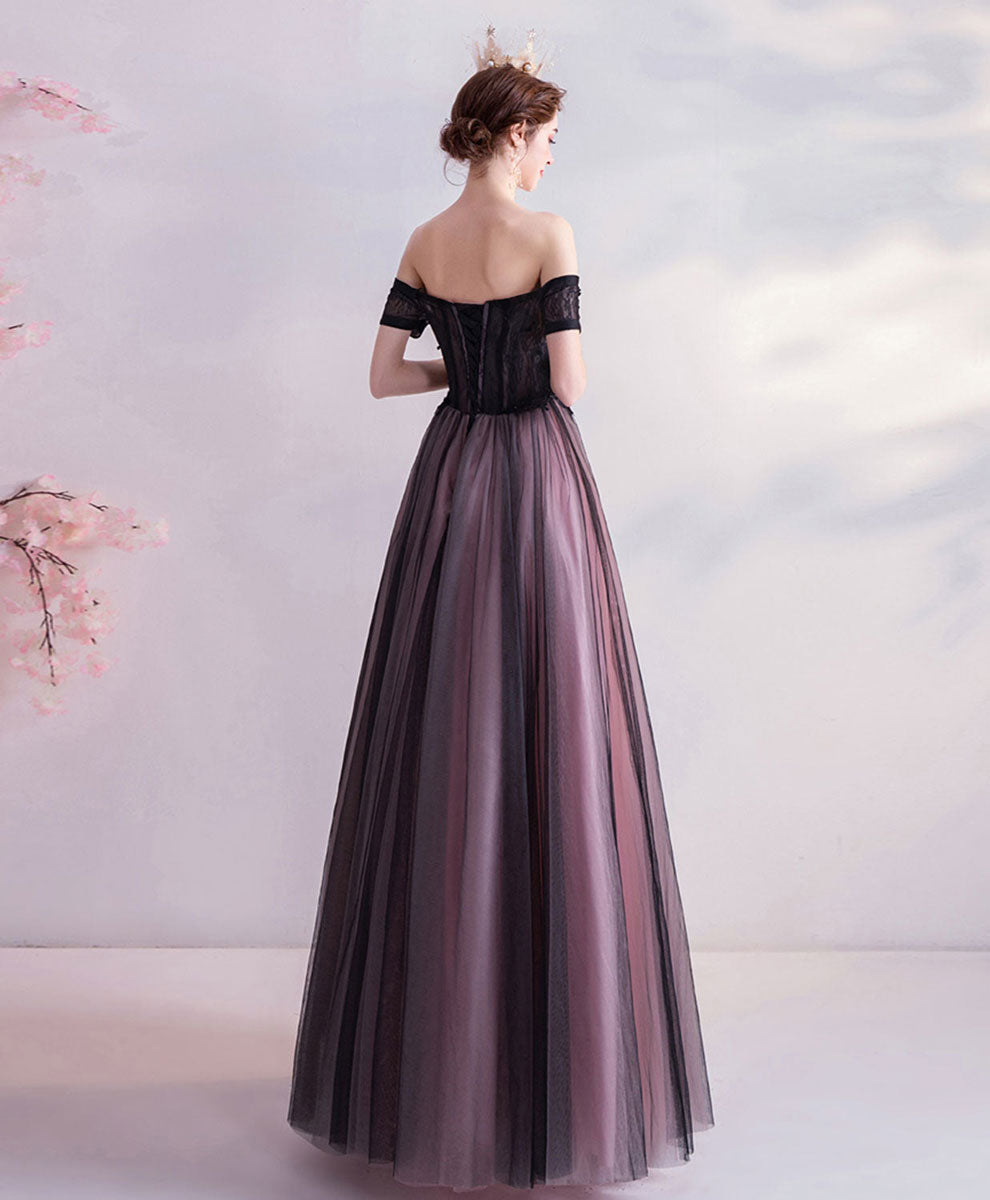 Purple Tulle Lace Off Shoulder Long Prom Dress, Purple Evening Dress