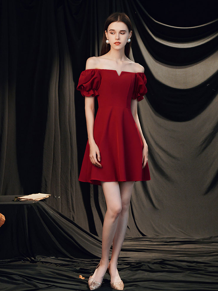 Simple Burgundy Satin Short Prom Dress, Burgundy Cocktail Dress
