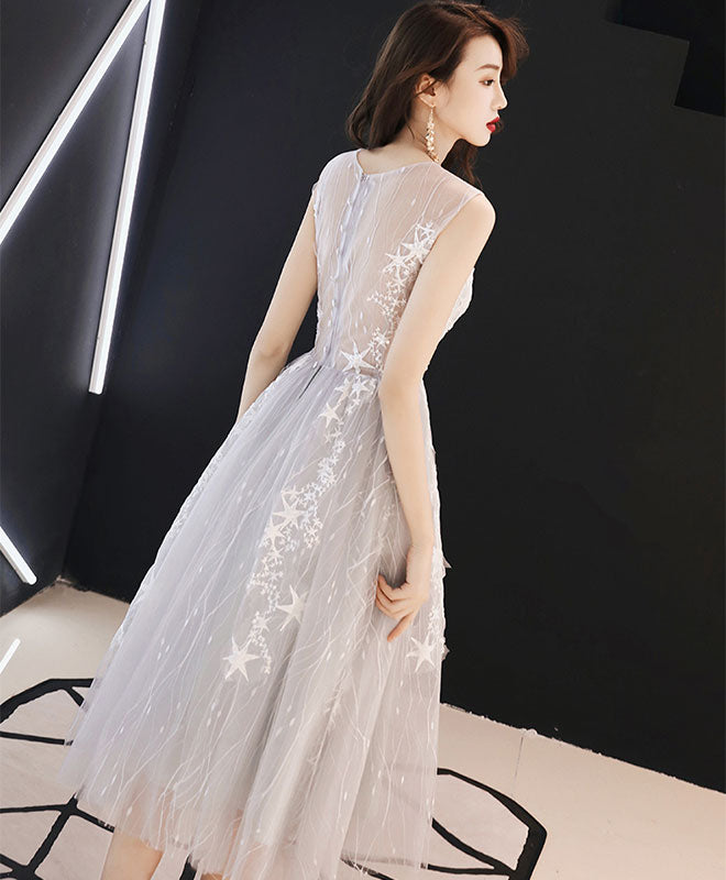 Gray Tulle Lace Short Prom Dress, Gray Homecoming Dress