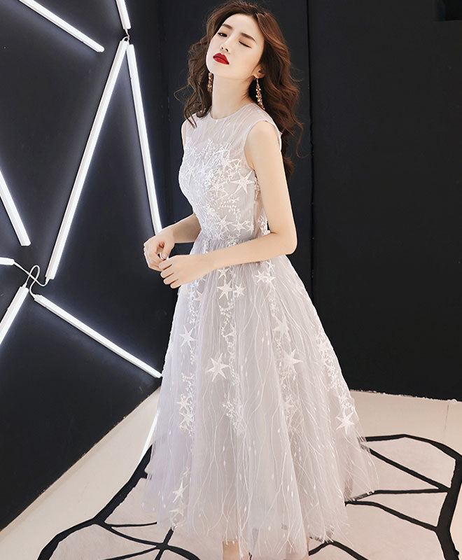 Gray Tulle Lace Short Prom Dress, Gray Homecoming Dress